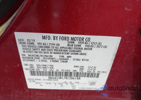 2019 Ford Ecosport Titanium z USA, uszkodzony, nr VIN MAJ6S3KL7KC286188